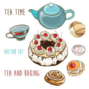Tea time. Vector set of pastry, baking, teapot and cup. Stock Illustration