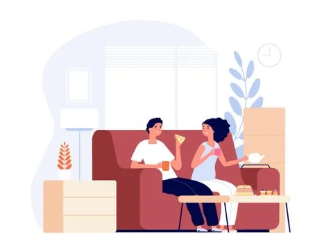Tea time. Young couple talking, drinks and eat. Apartment room, friend evening Ilustração Stock