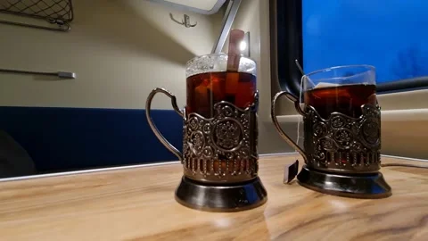 Tea on the train. Mugs of tea on the train. Stock Footage 153222456
