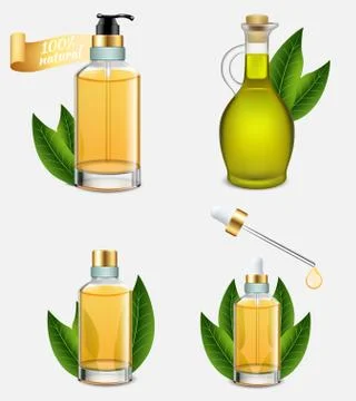 Tea tree oil bottle set, vector realistic illustration Stock Illustration