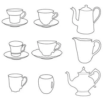 Tea utensils in outline Stock Illustration