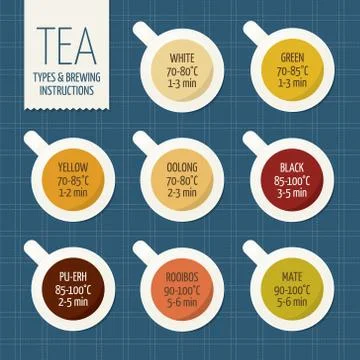 Tea varieties and brewing instructions. Steep time Illustrazione stock