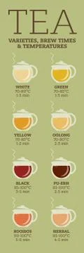 Tea varieties. Brewing time and temperature Illustrazione stock