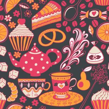Tea vector seamless doodle teatime backdrop.cakes to celebrate any event or o Stock Illustration