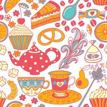 Tea vector seamless doodle teatime backdrop.cakes to celebrate any event or o Stock Illustration