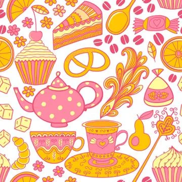 Tea vector seamless doodle teatime backdrop.cakes to celebrate any event or o Stock Illustration