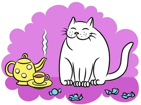 Tea with the white cat vector illustration Stock Illustration