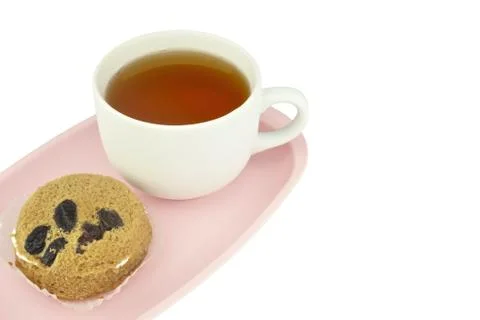 Tea in white cup and cake isolated Stock Photos