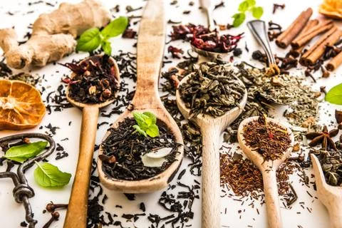 Tea on white table Foto stock