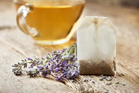 Teabag with lavender Stock Photos