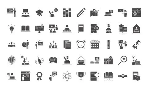 Teach school education learn knowledge and training icons set silhouette style Illustrazione stock