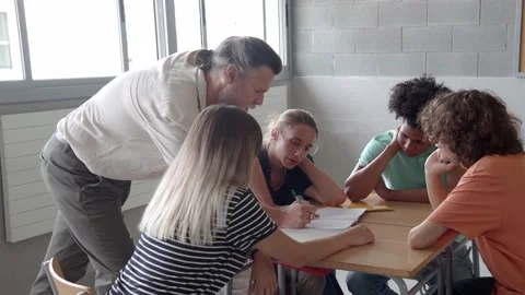 Teacher advises a group of multi-ethnic teenage students working as a team Stock Footage 160363094