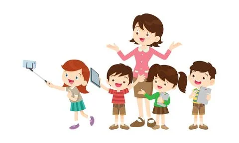 Teacher and kids learning computer technology education courses Illustrazione stock