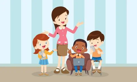 Teacher and kids learning computer technology education courses Stock Illustration