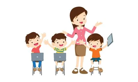 Teacher and kids learning computer technology education courses Illustrazione stock