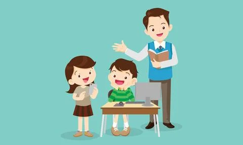 Teacher and kids learning computer technology education courses Illustrazione stock