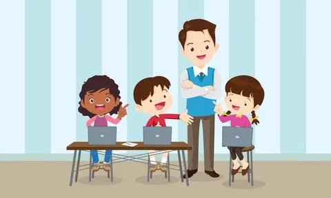 Teacher and kids learning computer technology education courses 스톡 일러스트
