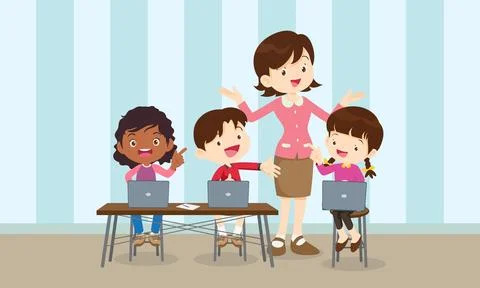 Teacher and kids learning computer technology education courses Stock Illustration