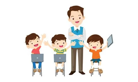 Teacher and kids learning computer technology education courses Stock Illustration