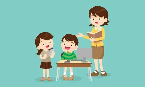 Teacher and kids learning computer technology education courses Stock Illustration