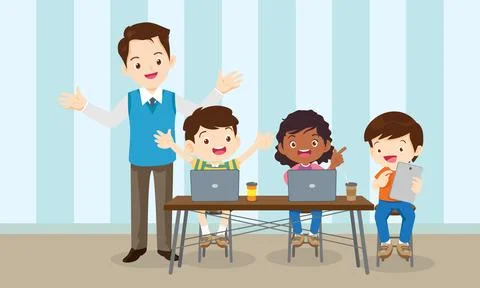 Teacher and kids learning computer technology education courses Stock Illustration