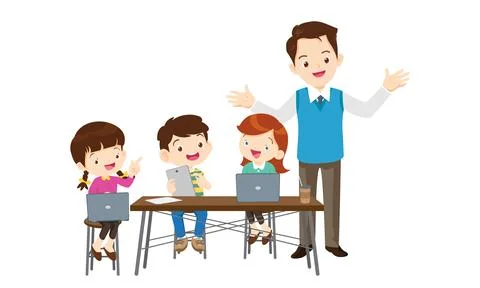 Teacher and kids learning computer technology education courses Stock Illustration