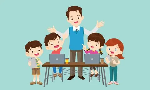 Teacher and kids learning computer technology education courses Illustrazione stock