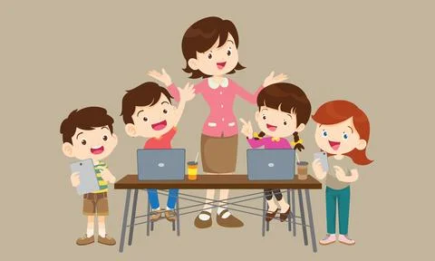 Teacher and kids learning computer technology education courses Illustrazione stock