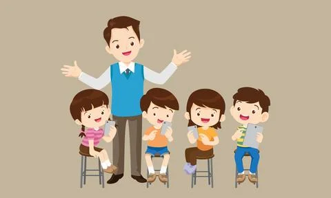 Teacher and kids learning computer technology education courses Stock Illustration