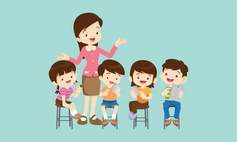 Teacher and kids learning computer technology education courses Illustrazione stock