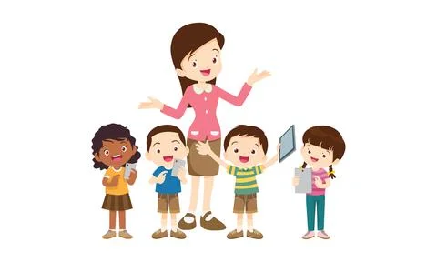 Teacher and kids learning computer technology education courses 스톡 일러스트