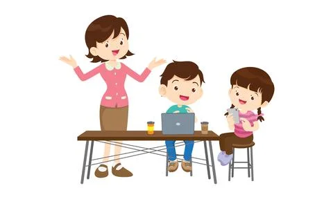 Teacher and kids learning computer technology education courses Illustrazione stock