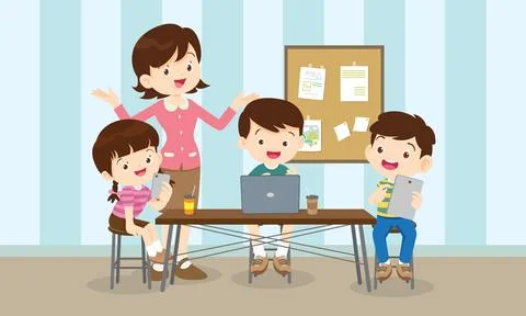 Teacher and kids learning computer technology education courses Stockillustratie