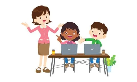 Teacher and kids learning computer technology education courses Stock Illustration