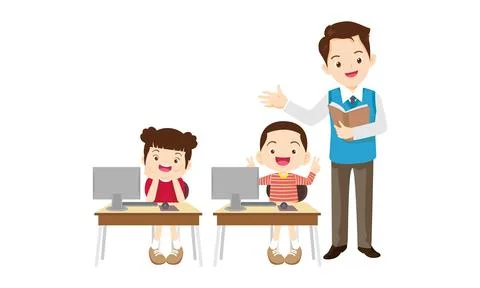 Teacher and kids learning computer technology education courses Stock Illustration