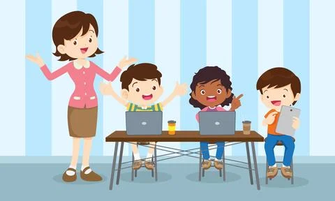 Teacher and kids learning computer technology education courses Stock Illustration