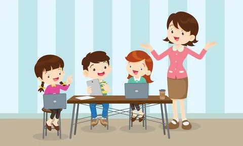 Teacher and kids learning computer technology education courses Stockillustratie