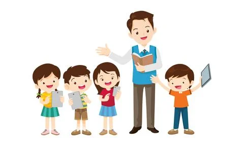 Teacher and kids learning computer technology education courses Stockillustratie