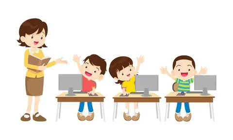 Teacher and kids learning computer technology education courses Illustrazione stock