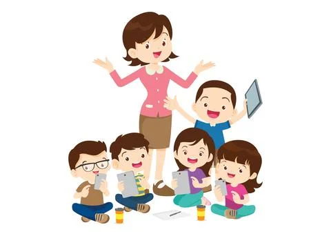 Teacher and kids learning computer technology education courses Stock Illustration