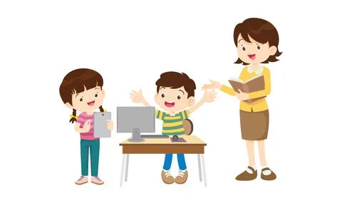 Teacher and kids learning computer technology education courses Stockillustratie