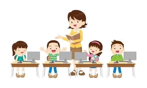 Teacher and kids learning computer technology education courses Illustrazione stock
