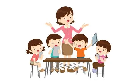 Teacher and kids learning computer technology education courses 스톡 일러스트