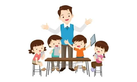 Teacher and kids learning computer technology education courses Illustrazione stock