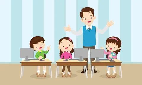 Teacher and kids learning computer technology education Illustrazione stock