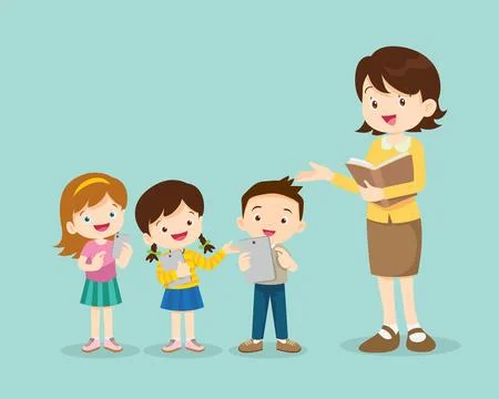 Teacher and kids learning computer technology education Illustrazione stock