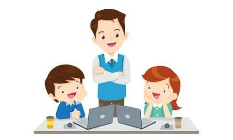 Teacher and kids learning computer technology education Illustrazione stock