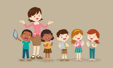 Teacher and kids learning computer technology education Illustrazione stock