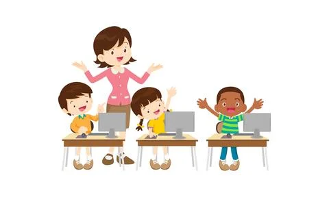 Teacher and kids learning computer technology education Illustrazione stock