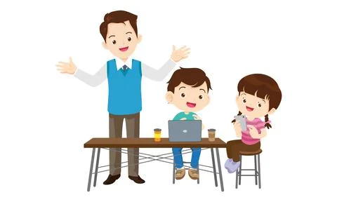 Teacher and kids learning computer technology education Stock Illustration